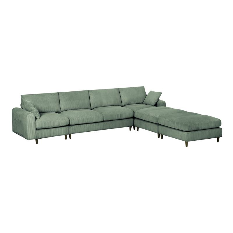 Olive Green Corduroy 6 - seat Modular Sectional Sofa with Adjustable Head Pillow and Storage Bags