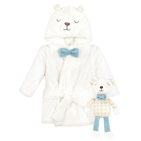 slide 1 of 1, Hudson Baby Unisex Baby Plush Bathrobe and Toy Set, Gingham Bear Boy, One Size - Gingham Bear Boy - One Size One Size - Gingham Bear Boy