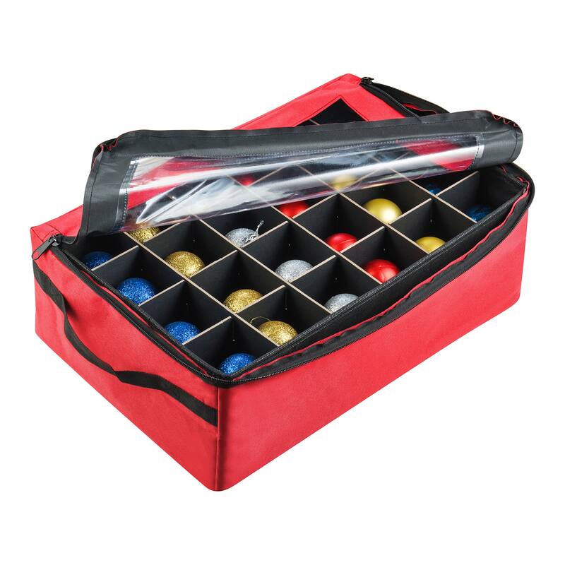 Ornament Storage Box - Zippered Lid Organizer with 48 Individual Compartments and Dividers by Tiny Tim Totes (Red)