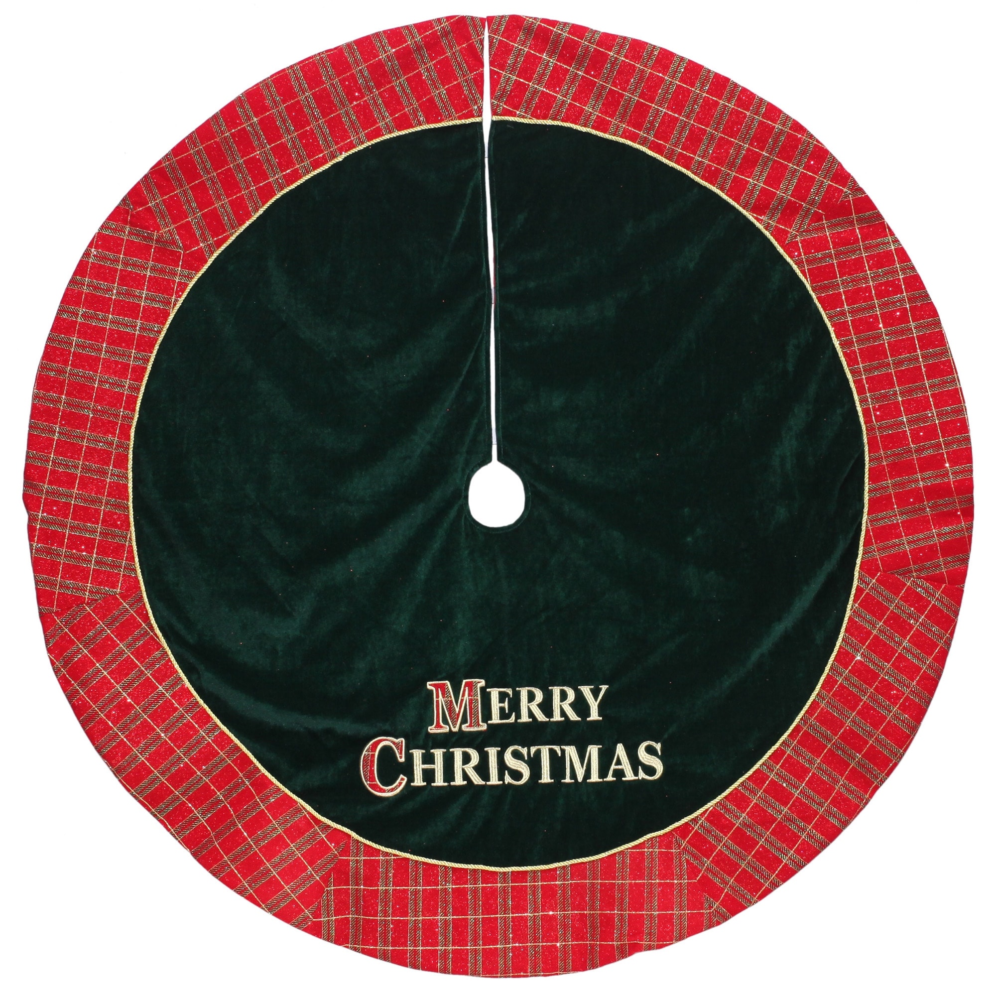 48" Red and Green 'MERRY CHRISTMAS' Plaid Christmas Tree Skirt - 48