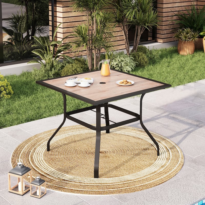 37" x 37" Outdoor Patio Wood-Like Square Dining Table with Metal Steel Frame and Umbrella Hole - Black