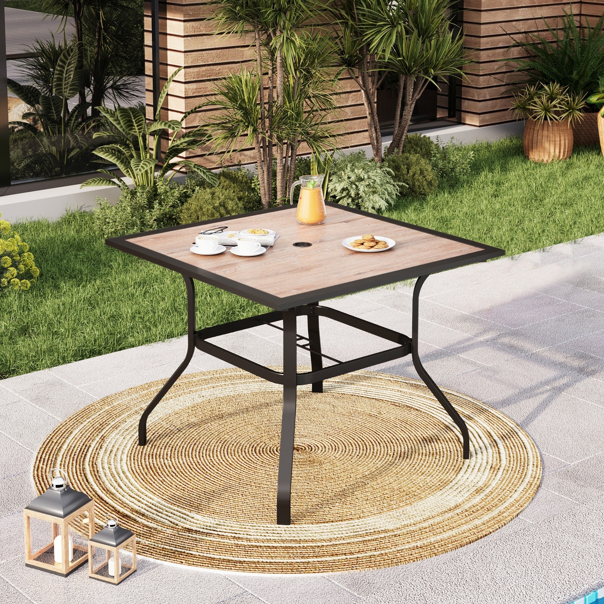 37" x 37" Outdoor Patio Wood-Like Square Dining Table with Metal Steel Frame and Umbrella Hole