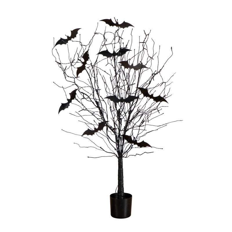 Pre-Lit Bats Artificial Halloween Twig Tree - 4' - Orange LED Lights