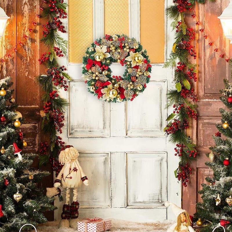 18 inch Pre-Lighted Red Bow Christmas Wreath for Front Door, Windows, Wall - N/A