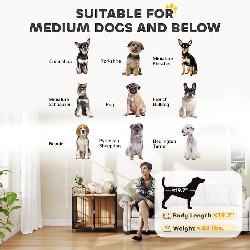 Oak Dog Crate Side Table with Double Doors Rotating Stainless Steel Bowls Elevated Non-Slip Feet and Melamine Finish