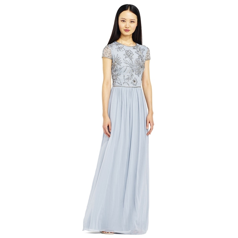adrianna papell short sleeve beaded floral dress blue