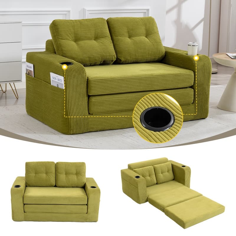 HOMEFUN 2 in 1 Convertible Sofa Bed,Corduroy Upholstered Compressed Sofa Bed for Living Room - Olive Green
