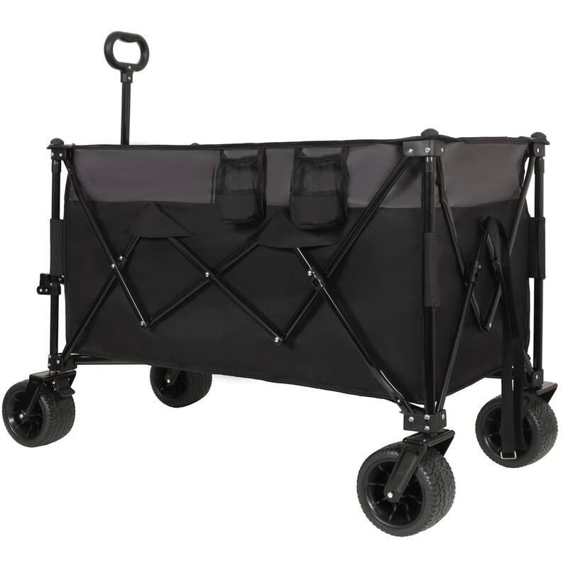 Tall Heavy-Duty Folding Wagon Cart with 480lbs Capacity - All-Terrain Wheels, Side Pockets, Brakes & Drink Holders - Grey/Black