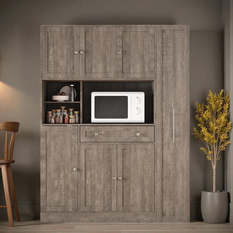 52.8" Farmhouse Buffet Cabinet with Hutch, Kitchen Pantry Storage Cupboard with Pull-Out Side Cabinet, Door Shelves and Drawer - Brown