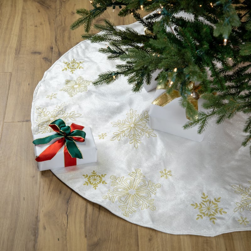 48" White with Gold Embroidered Snowflakes Christmas Tree Skirt - 48