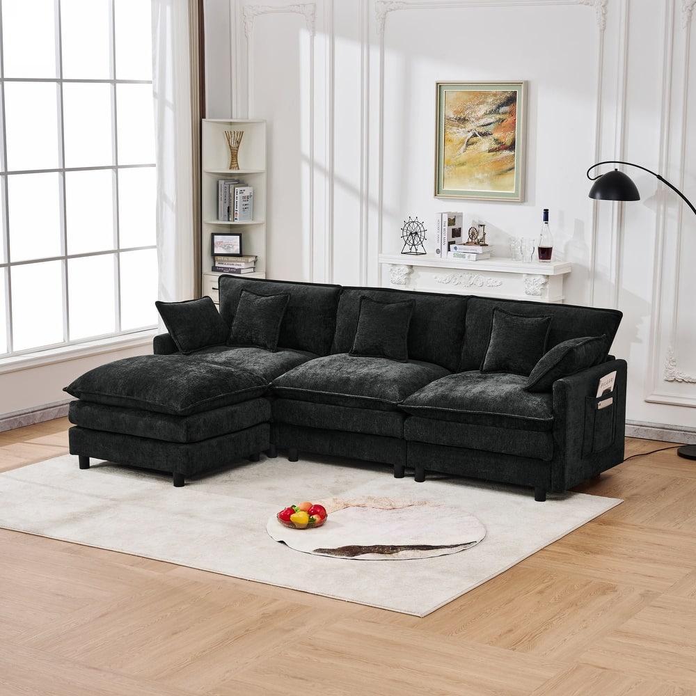 L-Shaped Modular Sectional Sofa with Movable Storage Ottoman, Comfy Cashmere Deep Seat Cloud Couch, Lounge Sofa with Pillows