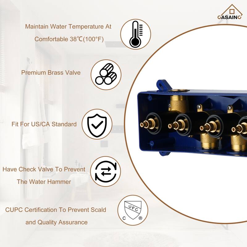 CASAINC Single-Handle 5-Spray Rectangular Shower Faucet 2.5 GPM with Body Spray
