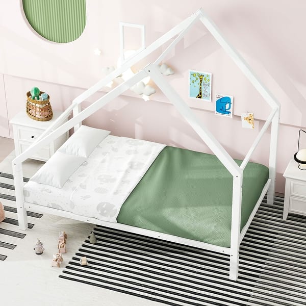 slide 2 of 9, Metal Platform Bed House Shaped Montessori Bed, Sturdy Metal Structure Twin Bed Frame for Kids Bedroom, No Box Spring Needed White - Twin