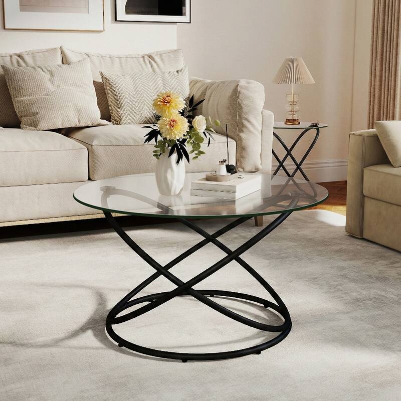 Tempered Glass Top Round Coffee Table with Metal Base