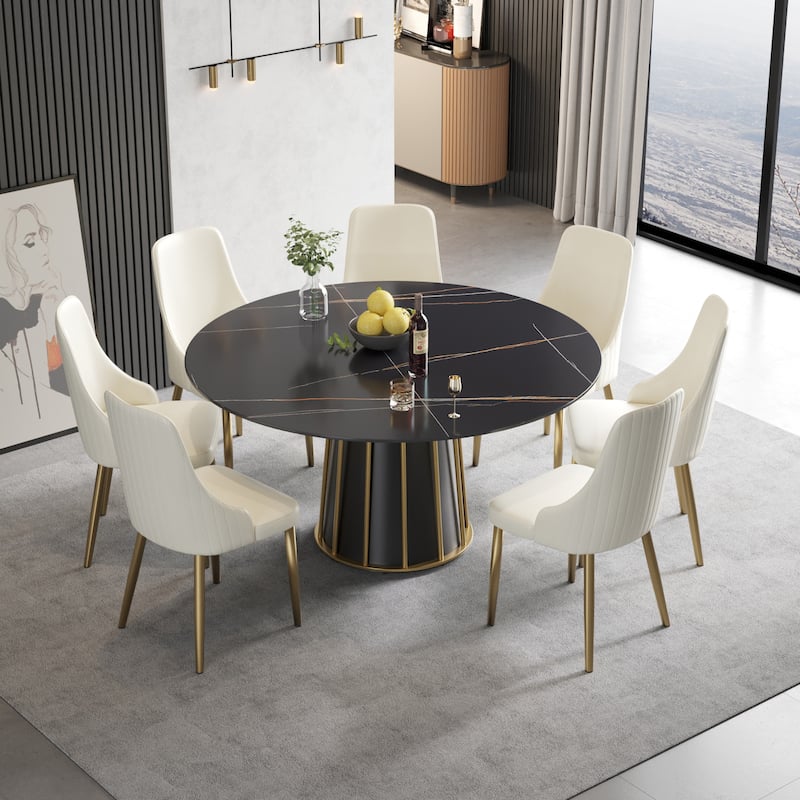 Round Metal Pedestal Dining Table Round Sintered Stone Table. - Black - 59"
