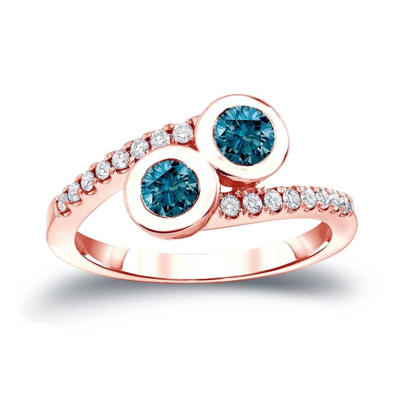 Auriya 14k Gold 3/4ctw Round Bezel-set 2 Stone Blue Diamond Engagement Ring (H-I, SI2-SI3) - Rose - 4