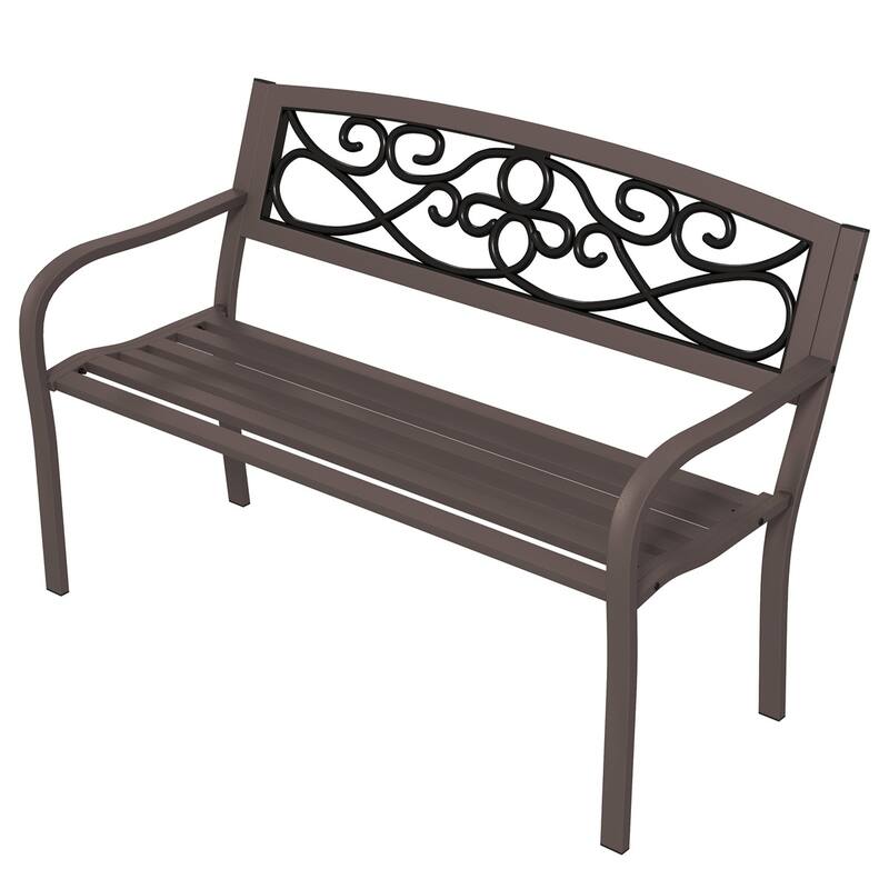 Two Curved Seats Outdoor Garden Bench with Floral Backrest and Steel Frame Armrests - 50" W x 24.4" D x 33.9" H