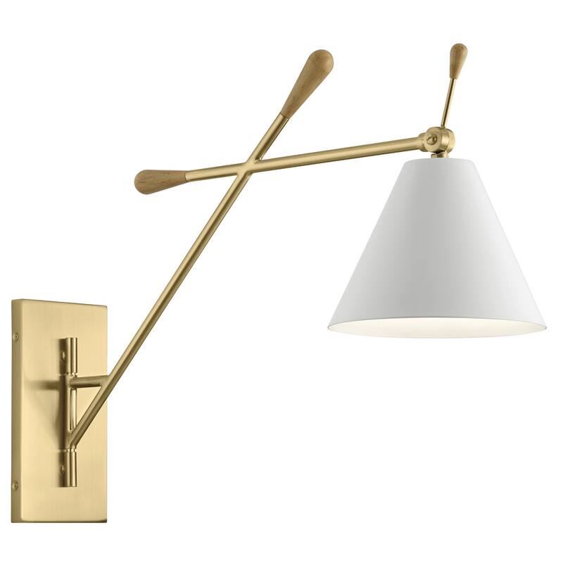 Kichler Finnick 20 Inch 1 Light Wall Sconce with a White shade in Champagne Gold and Natural Maple