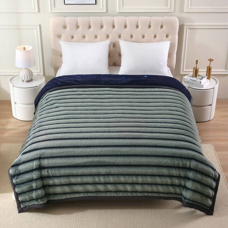 Warm Fleece Blanket Striped Fluffy Plush Bed Blanket 85"x93", 9lbs