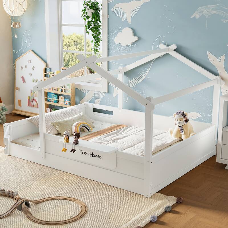 Montessori Floor Bed of 3 Kinds Size, House-shaped Platform Bed with Small Built-in Tray, Signboard and No Slats Design - White - Queen