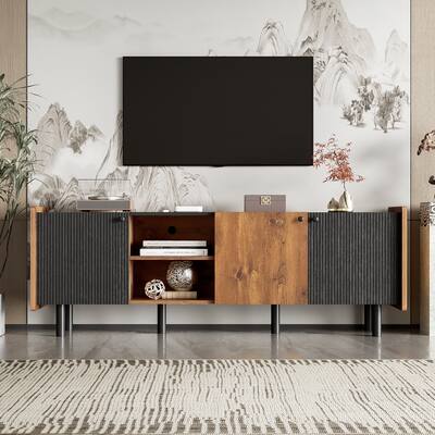 TV Stand with 3 Cabinets, Media Console Table with Open Storage Compartments, Entertainment Center with Metal Legs