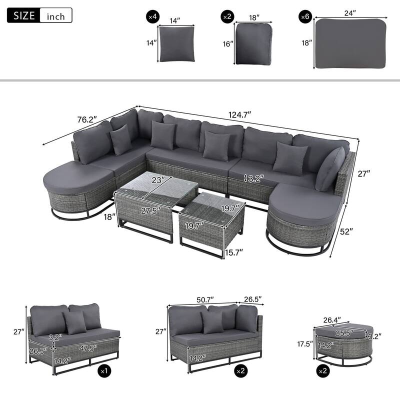 7-Piece Outdoor Wicker Sectional Sofa Set with Coffee Tables, Pillows