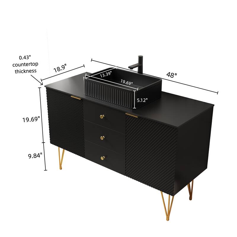 GDFStudio - Gema 48" Freestanding Bathroom Vanity with Black Sintered Stone Top, Gold Legs & Ceramic Basin