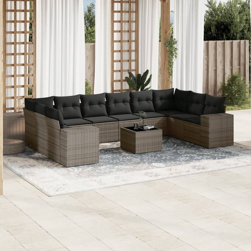 vidaXL Patio Sofa Set with Cushions Outdoor Conversation Furniture Poly Rattan - Gray 11pcs - 21.7 x 21.7 x 14.6
