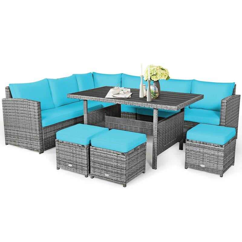 7 Pcs All-Weather Patio Rattan Dining Furniture Sectional Sofa Set with Wicker Ottoman and Cushed Couch