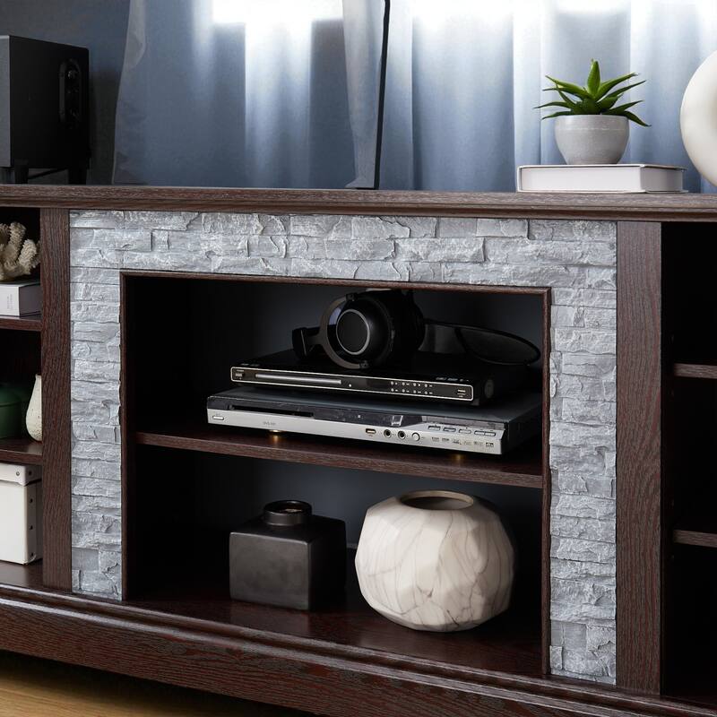 70" TV Stand with Faux Stacked Stone Surround, Modern Entertainment Console with Large Storage Cabinets