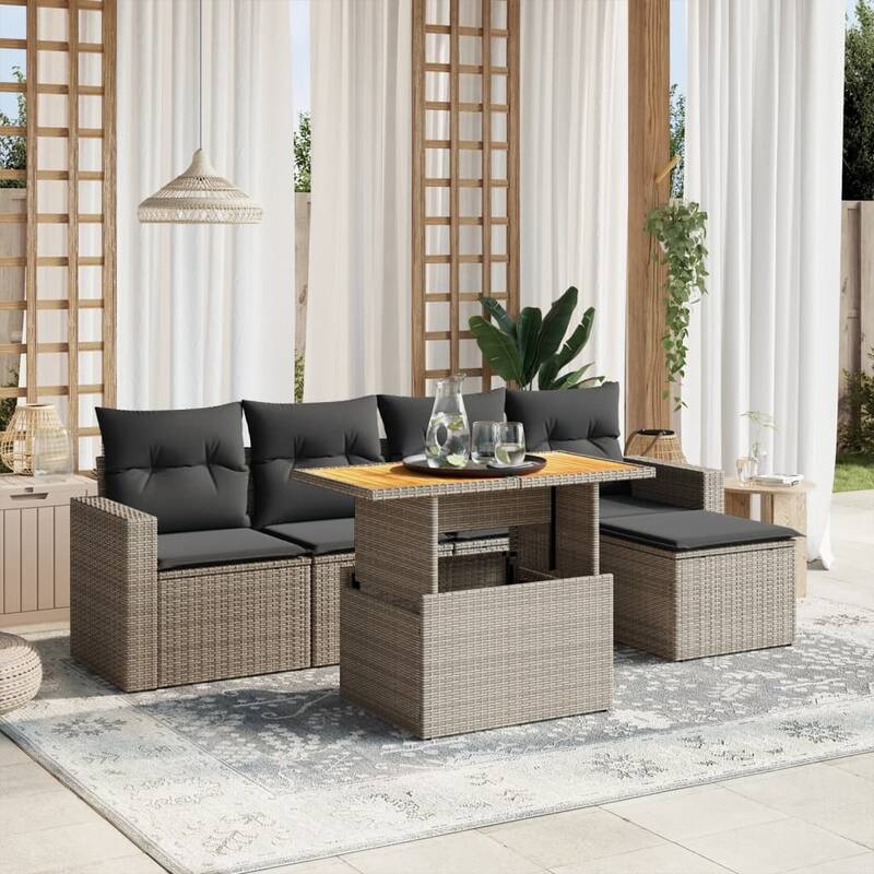 vidaXL Patio Sofa Set with Cushions Modular Outdoor Seating 6 Piece Poly Rattan - 21.7 x 39.4 x 28.7 - Grey