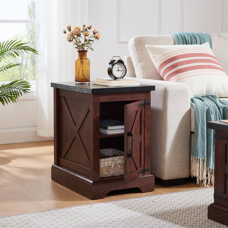 Farmhouse Wooden Nightstand, Rectangular Accent Side Table, Sofa Side Table with Barn Door & Adjustable Storage Shelf