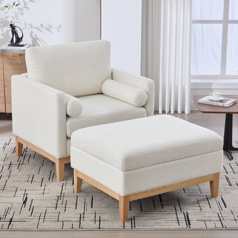 Boucle Armchair with Storage Ottoman - 300lb Capacity, Farmhouse Style - White + Gold - With Ottoman
