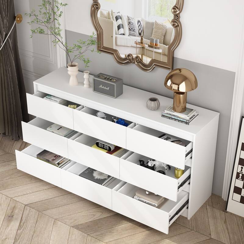 Timechee Grooved Handle Wood Dresser Bedroom Storage Drawer Organizer - White - 9-drawer