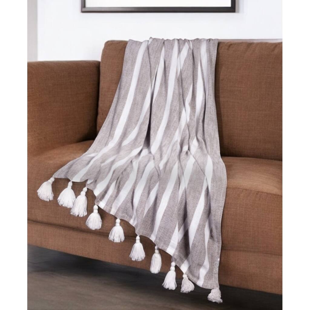 HomeRoots 50" X 60" Charcoal Woven Cotton Striped Throw Blanket with Tassels