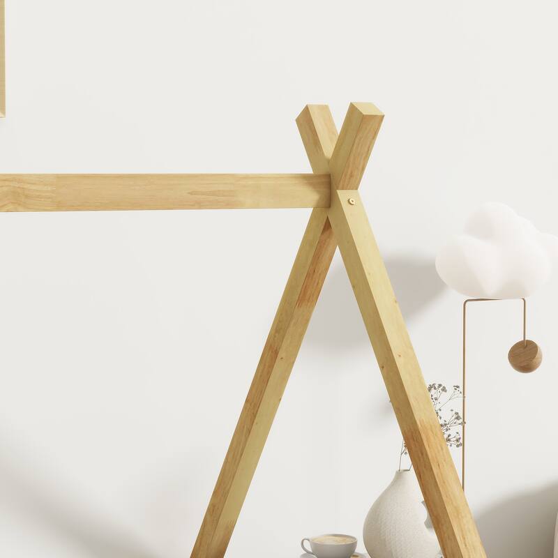 Twin Tent-Shaped Floor Bed with Guardrails, Slats, and Door in Natural Finish