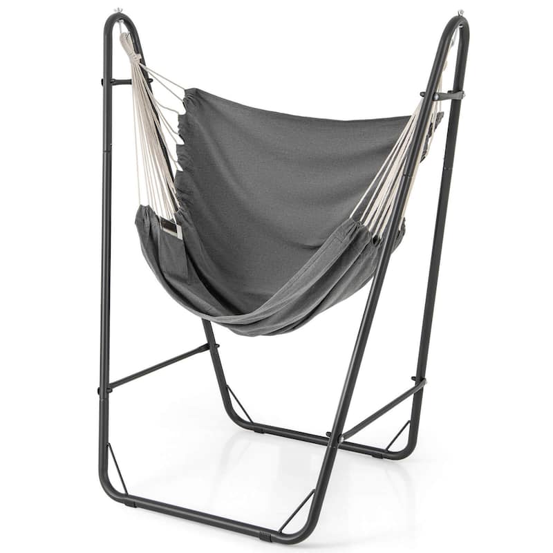 Costway Heavy-duty Hammock Chair with Stand Metal Frame Storage Pocket - See Details - Black + Gray - See Details