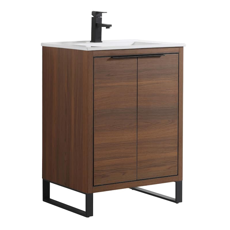 Fine Fixtures Opulence Collection Bathroom Vanity with White Ceramic Sink - 24 Inch - Walnut Ebony - Black Hardware