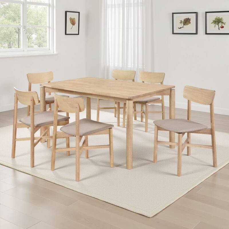 Rida 7pc Dining Table Set w 6 Tan Brown Upholstered Chairs, White Washed