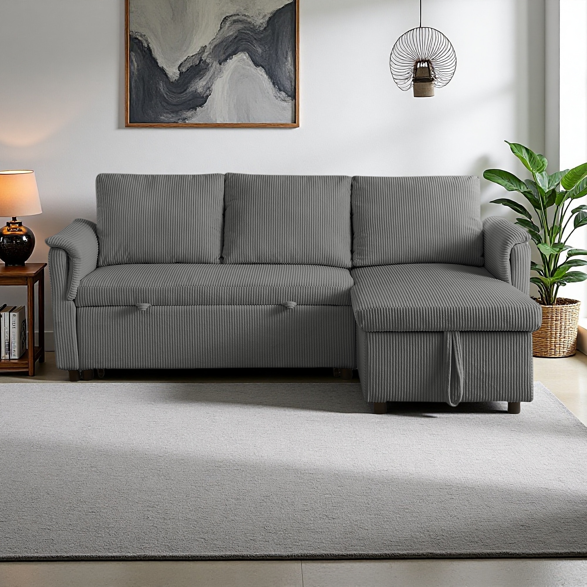 77" Corduroy Convertible Sleeper Sectional Sofa with Storage Chaise