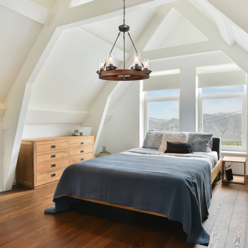 Carbon Loft Farmhouse 6-Light Wagon Wheel Wood Chandelier for Dining Room