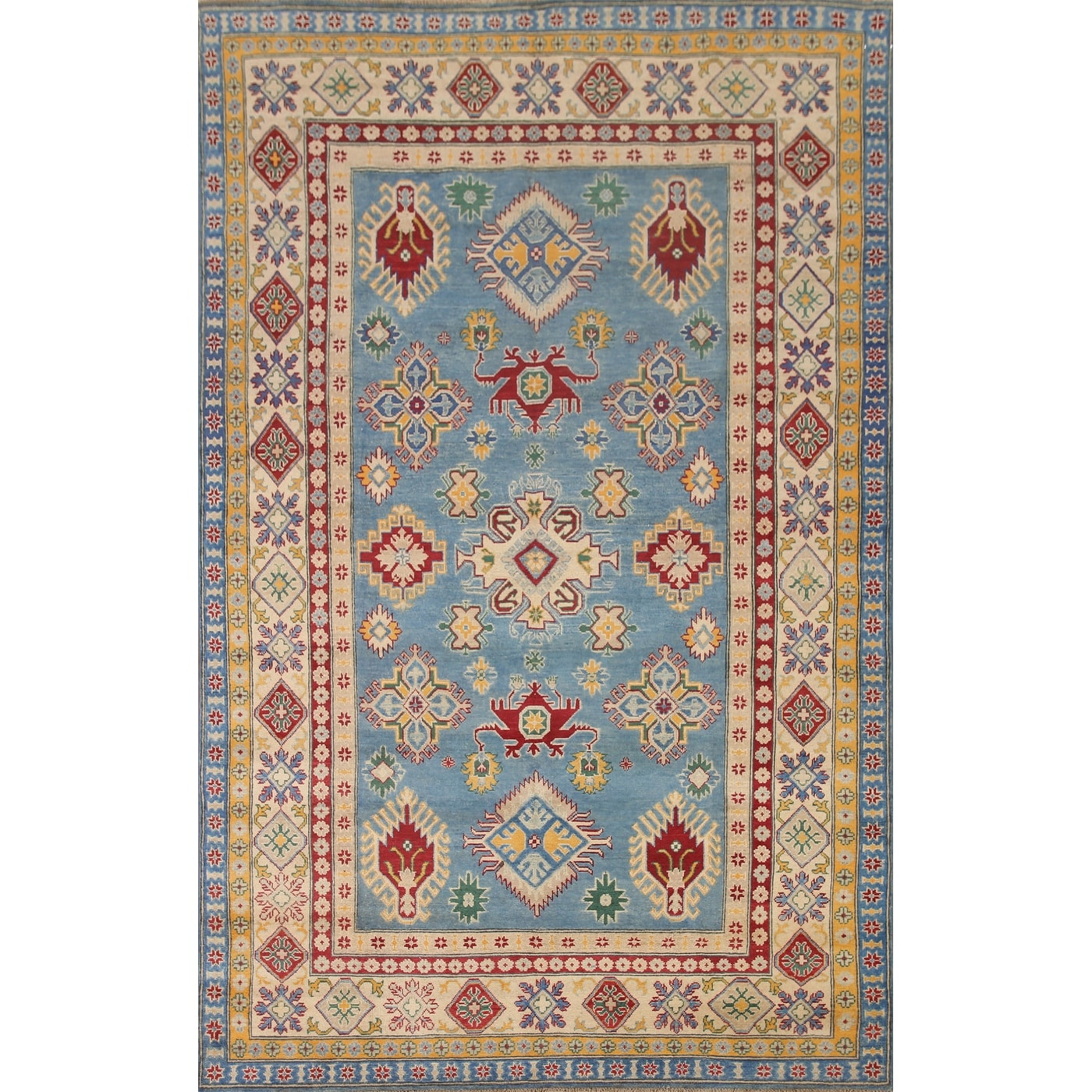 Hand Knotted Oriental 100% Wool Carpet Traditional Geometric Navy Blue & Blues Kazak Area Rug - 9' 6'' X 6' 6''