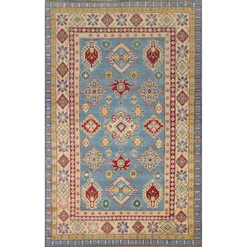 Hand Knotted Oriental 100% Wool Carpet Traditional Geometric Navy Blue & Blues Kazak Area Rug - 9' 6'' X 6' 6''