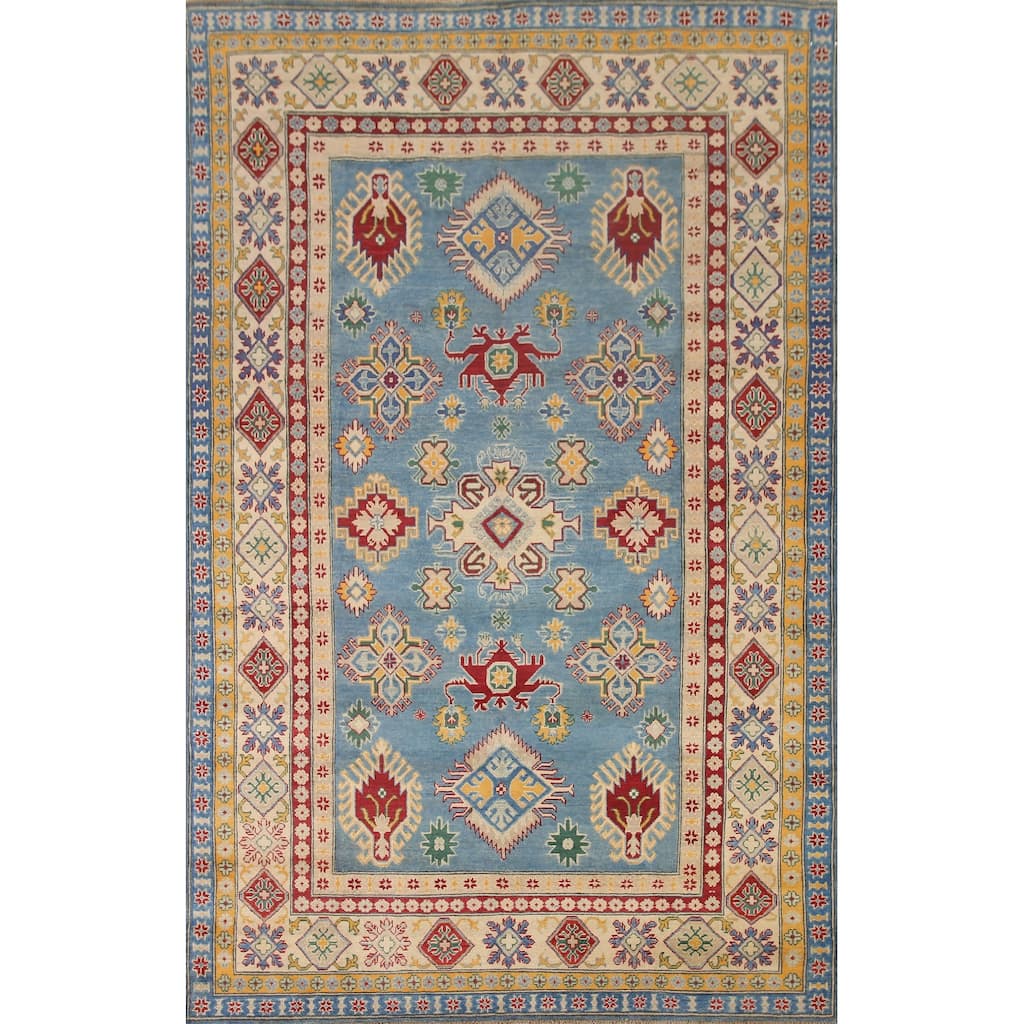Hand Knotted Oriental 100% Wool Carpet Traditional Geometric Navy Blue & Blues Kazak Area Rug - 9' 6'' X 6' 6''
