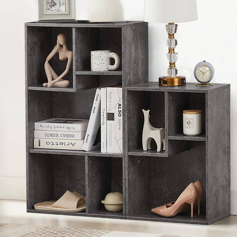 VECELO Wide Wood Organizer Bookcase Sets - 8 Cubes - Grey
