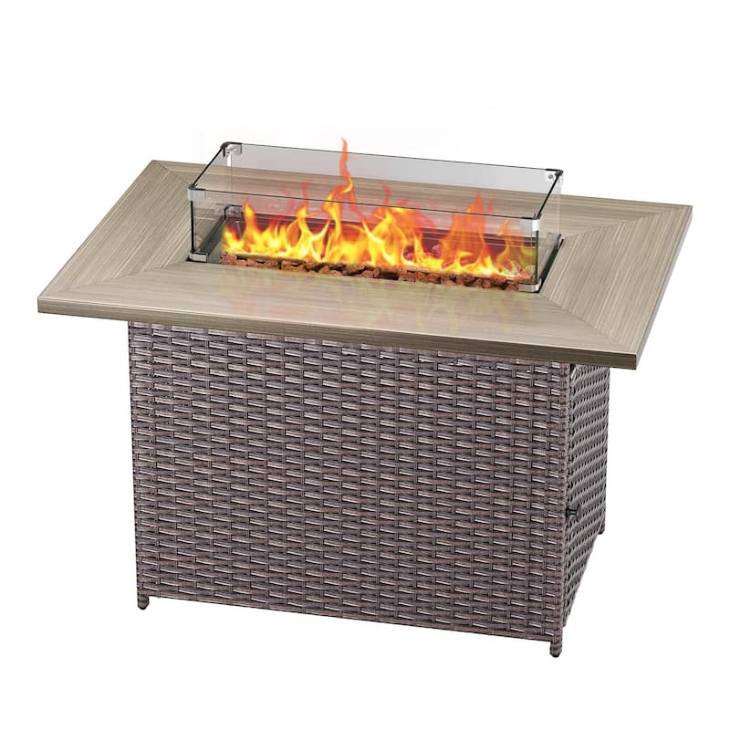Meyreso 41 in. Rectangular Brown Wicker and Metal Propane Gas Outdoor Fire Pit Table with Lava Rocks, 50000 BTU