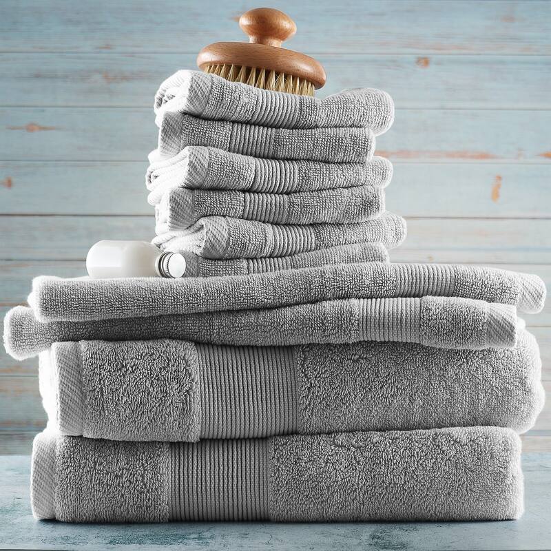Hearth & Harbor 100 Percent Cotton Ultra Soft and Absorbent Bath Towel Set - 2 bath 2 hand towels 6 washcloths - Silver Gray