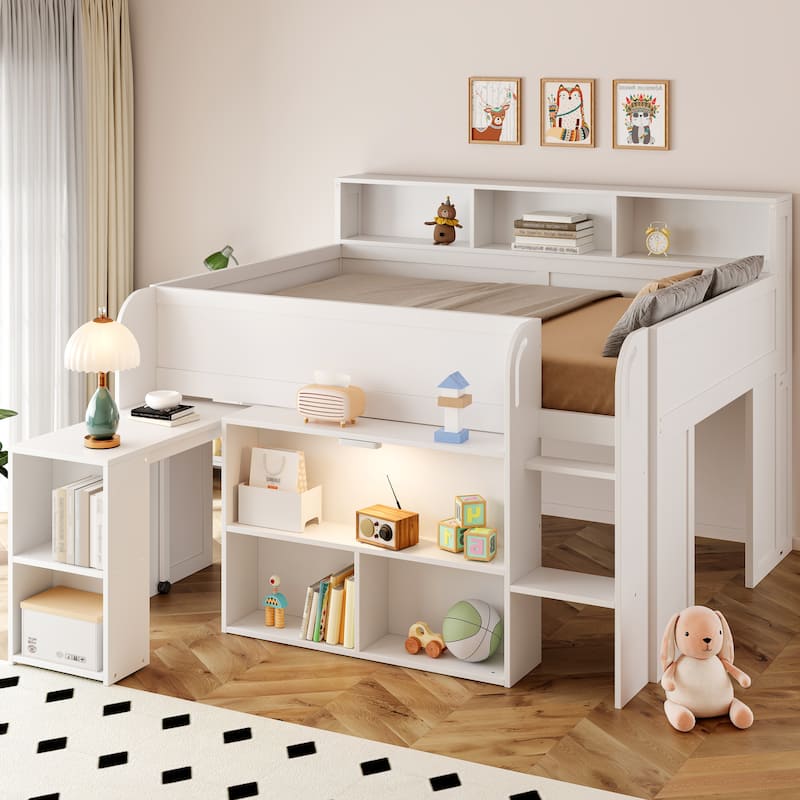 Full Size Wood Kids Loft Bed Frame with Pull-out Desk, Multiple Storage Bookshelf Built-in LED - White - Full
