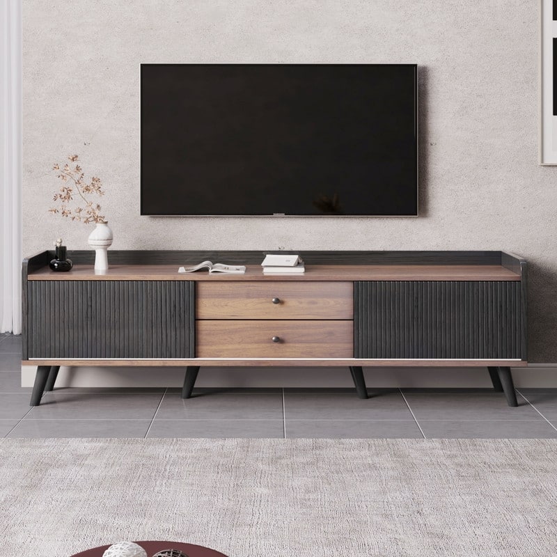 Mid Century TV Stand with 2 Cabinets& Open Compartments, for TVs up to 70"