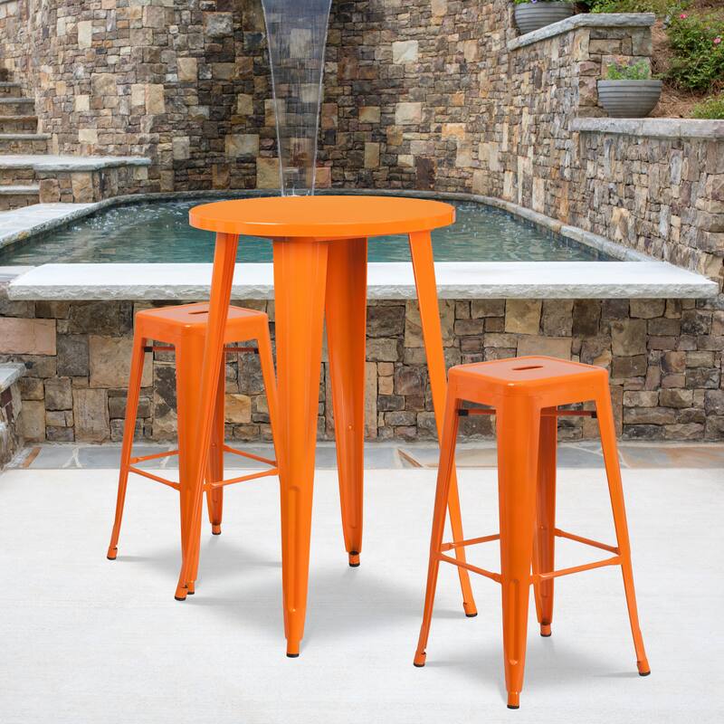 24'' Round Metal Indoor-Outdoor Bar Table Set with 2 Square Seat Backless Stools